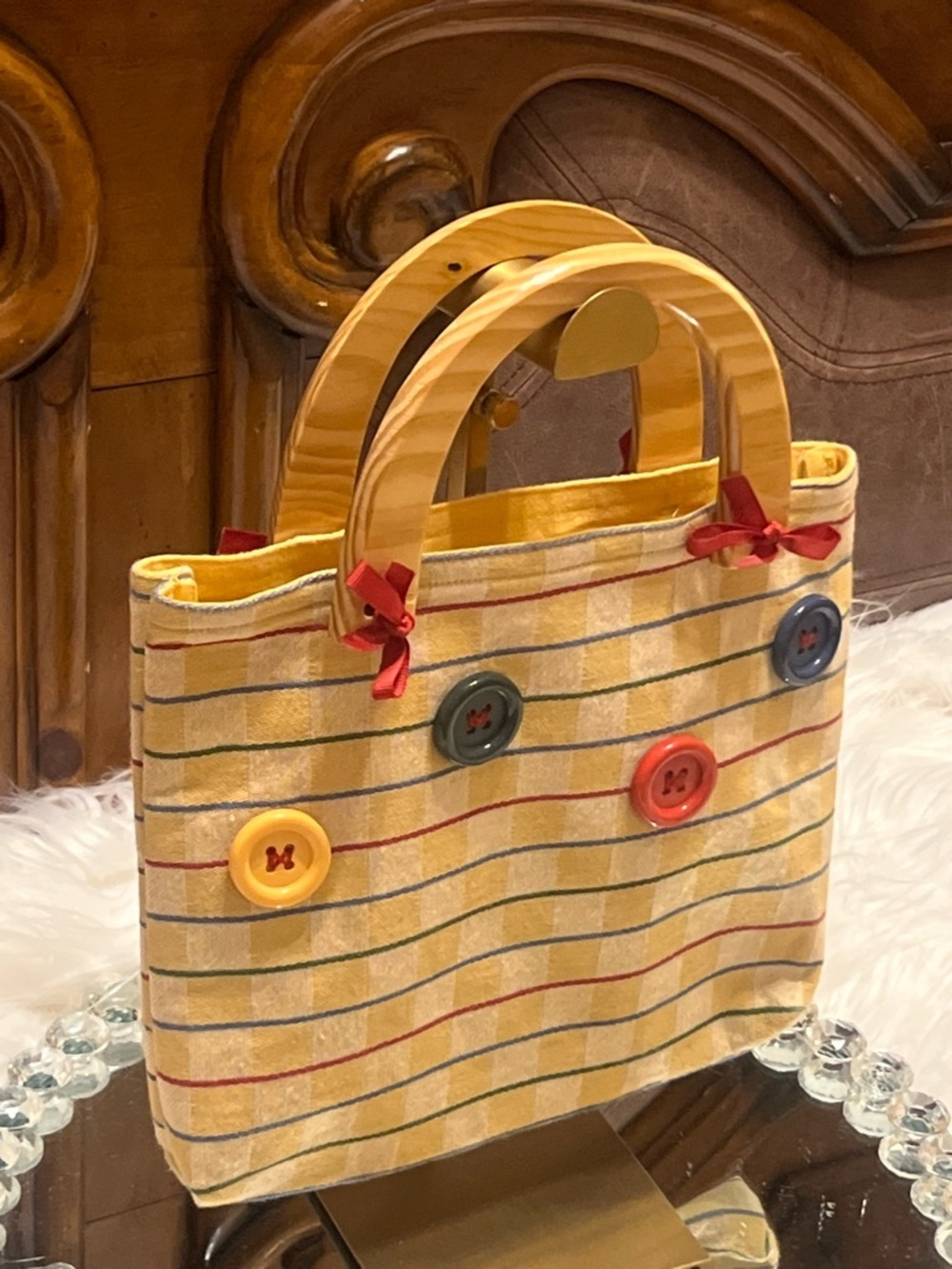Handmade Yellow Striped Button Accent Tote Handbag - Picture 6 of 8